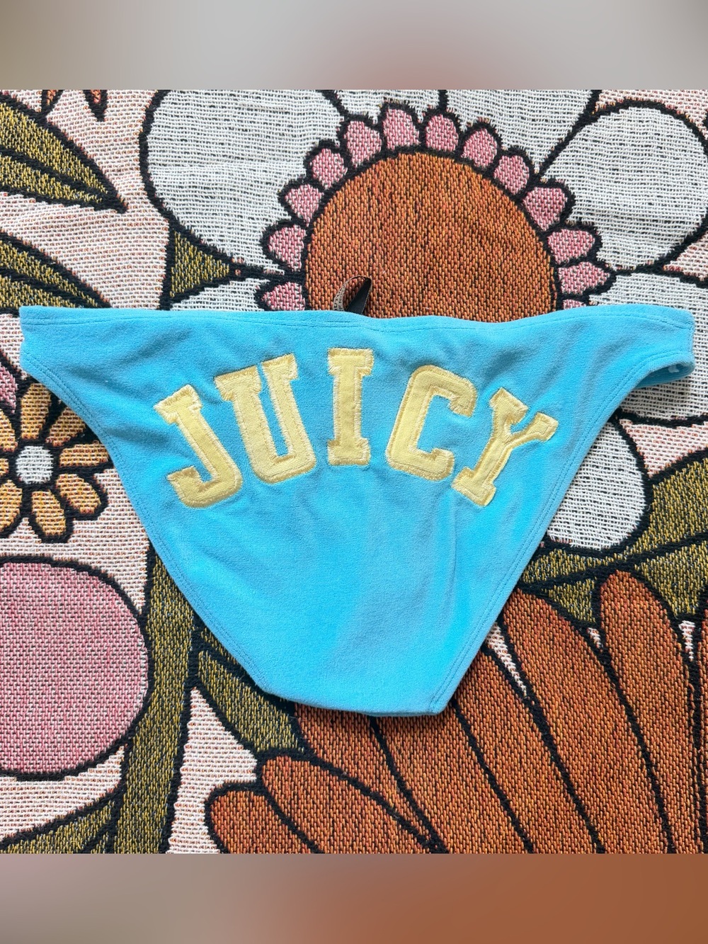 Vintage Y2K Juicy Couture Terry Cloth Bikini Bottom Blue Yellow Size Medium